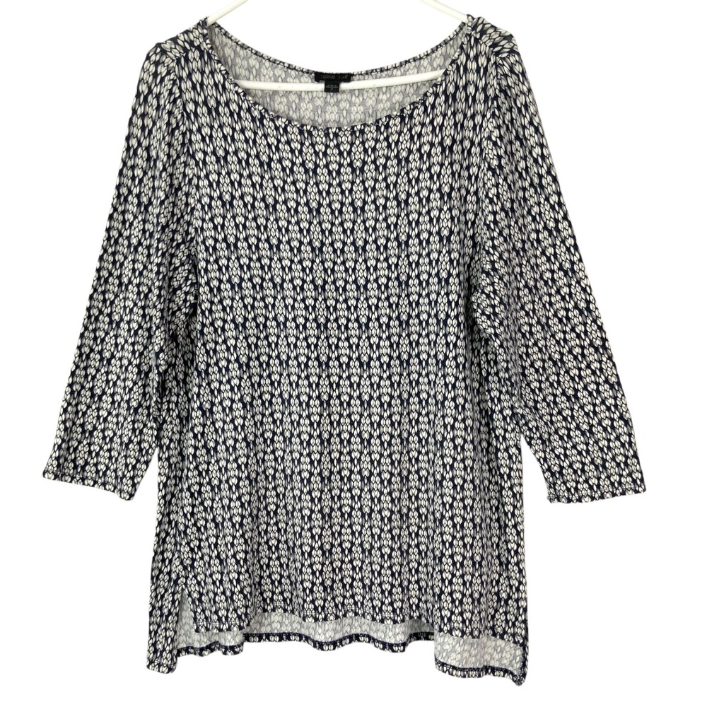 J. Jill Wearever Navy White Tunic M Pullover Scoop Neck 3/4 Sleeve Side Slit